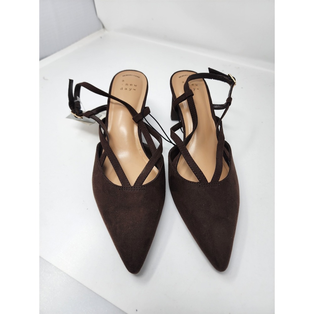 A New Day Womens Strappy Block Heel Pumps Brown Faux Suede Size 6.5